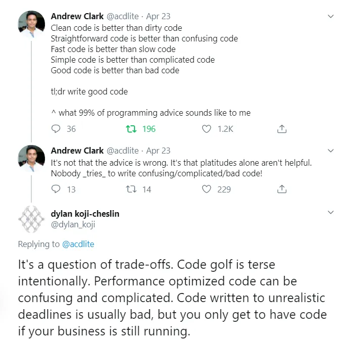 Performance optimized code can be confusing and complicated. Code written to unrealistic deadlines is usually bad, but you only get to have code if your business is still running.